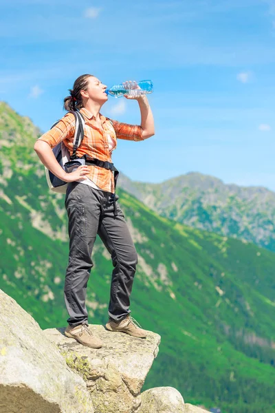 Turista Cansado Férias Nas Montanhas Beber Água Limpa Uma Garrafa — Fotografia de Stock