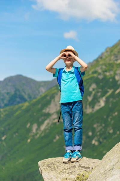 Viajero Chico Mira Hermosas Montañas Para Piedra — Foto de Stock