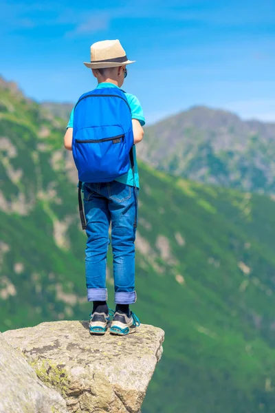 Menino Com Uma Mochila Nas Montanhas Fica Uma Rocha Olha — Fotografia de Stock