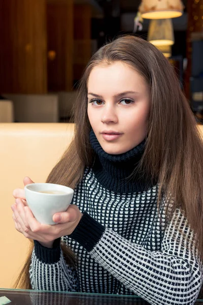 Cute Brunette Cup Tea Cafe Black Sweater — Stock Photo, Image