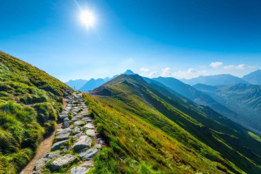 dağ doruklarına güneşli bir sabah ve bir yakın çekim iz