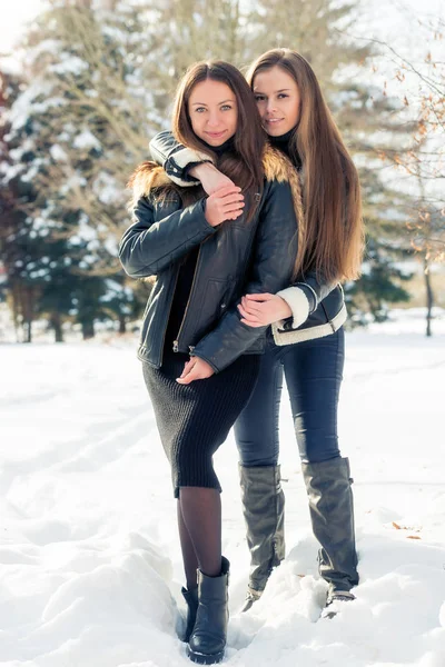 Abraçando Melhores Namoradas Inverno Neve — Fotografia de Stock