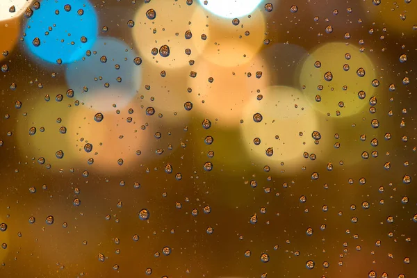 Vidro Com Gotas Chuva Close Macro Nas Luzes Fundo — Fotografia de Stock