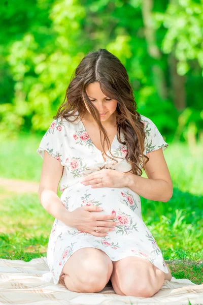 Zwangere Vrouw Het Park Streelde Haar Buik — Stockfoto