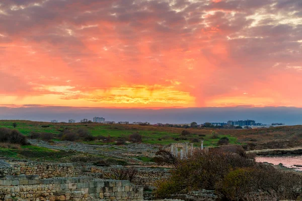 Sunset Beautiful Orange Sky Ancient Chersonesos Crimea — Stock Photo, Image