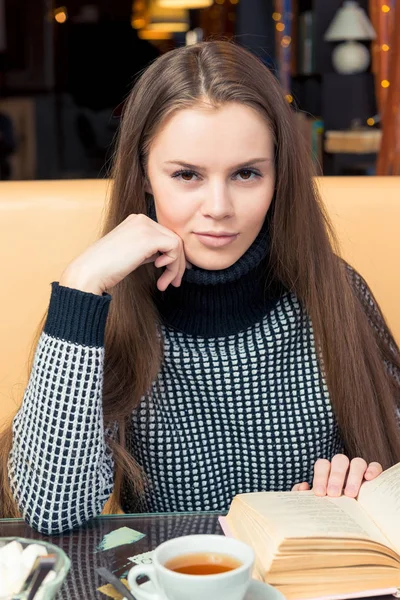 Smiling Beautiful Girl Book Posing Cafe — Stock Photo, Image