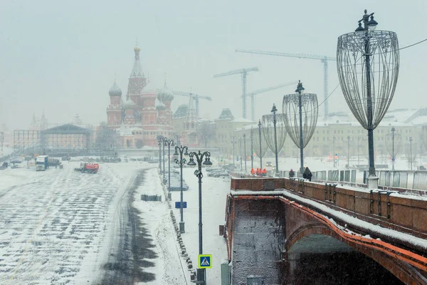 Winter Moskau Blick Auf Die Basilius Kathedrale Schneesturm Russland — Stockfoto