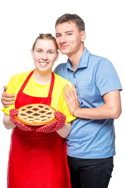 Femme Foyer Tablier Avec Tarte Son Mari Bien Aimé Portrait — Photo