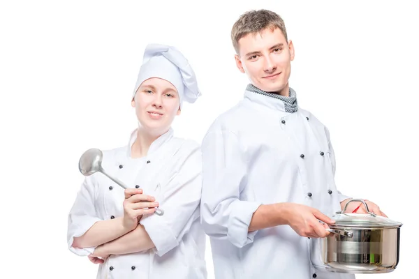 Retrato Horizontal Par Cocineros Con Una Sartén Cucharón Sobre Fondo — Foto de Stock