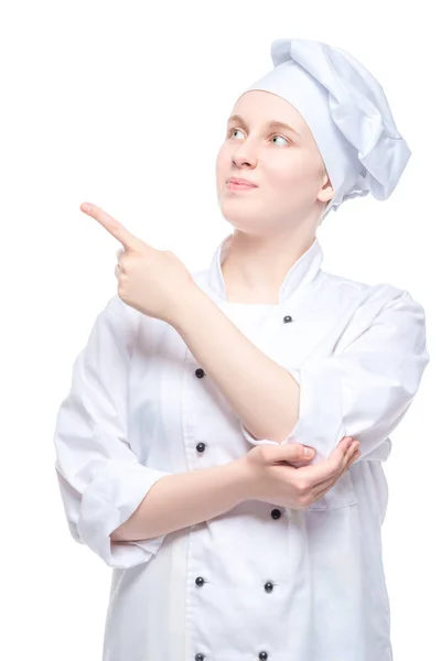 Vrouw Kok Toont Een Vinger Een Witte Achtergrond — Stockfoto