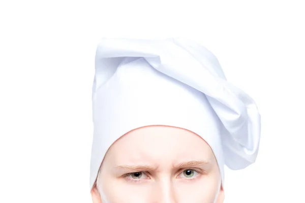 Stern Look Cook Hat Close White Background — Stock Photo, Image