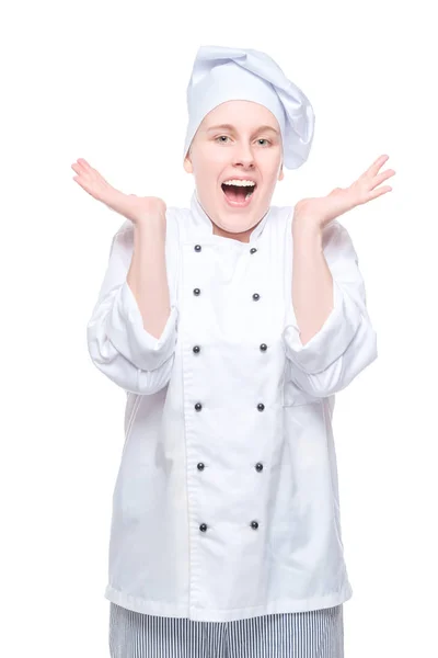 Emocionální Kuchař Obleku Raduje Vítězství Portrét Bílém Pozadí — Stock fotografie