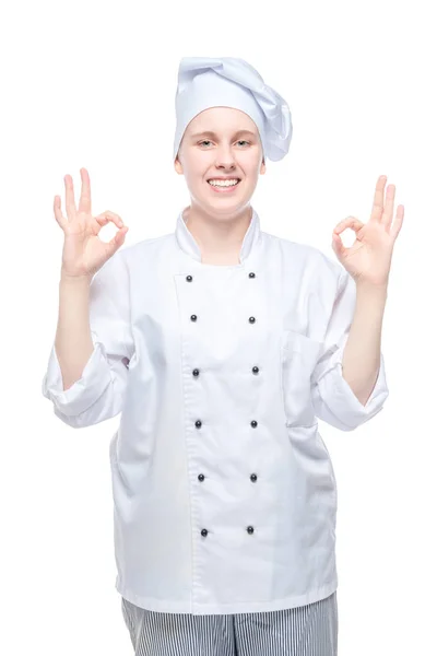Está Tudo Bem Chef Atirando Fundo Branco Gestos Mão — Fotografia de Stock