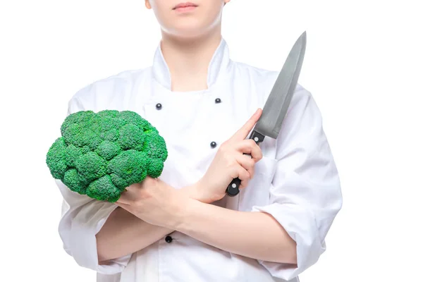 Brokolice Ostrý Nůž Rukou Kuchaře Zblízka Bílém Pozadí — Stock fotografie