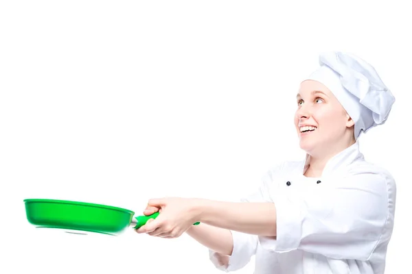 Experienced Chef Throws Food Pan Emotional Portrait White Background Studio — Stock Photo, Image