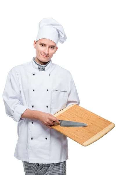 Koken Pak Poseren Met Een Mes Snijplank Een Witte Achtergrond — Stockfoto