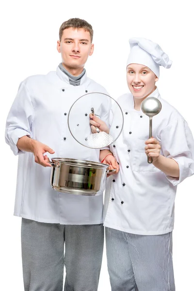 Chefs Professionnels Avec Une Casserole Une Louche Sur Fond Blanc — Photo