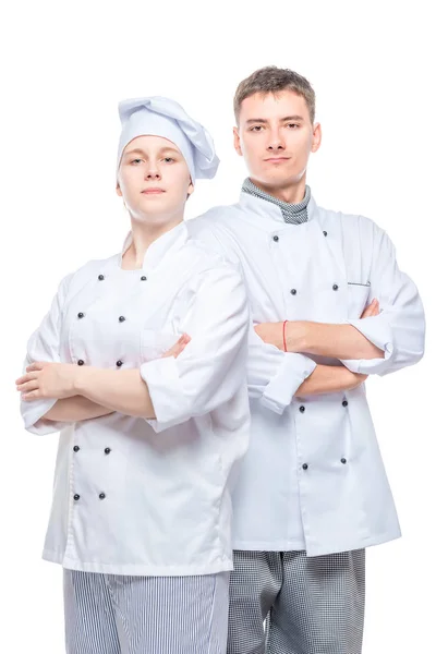 Retrato Equipo Exitoso Chefs Profesionales Trajes Contra Fondo Blanco — Foto de Stock