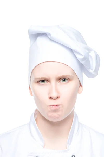 Retrato Cozinheiro Chef Chapéu Perto Fundo Branco — Fotografia de Stock