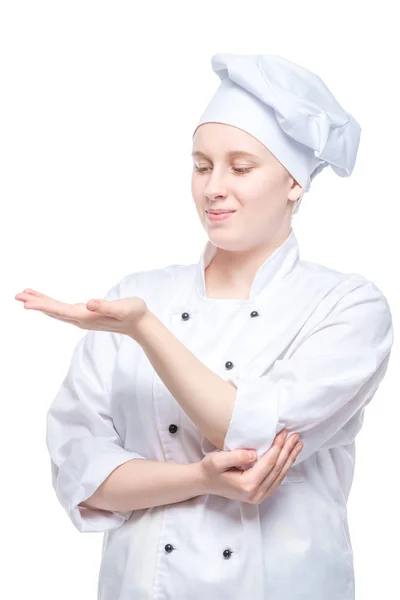 女性料理人は手のひらを見て白い背景の肖像画をコンセプトに — ストック写真