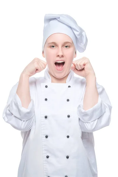 Šťastný Úspěšný Kuchař Obleku Raduje Vítězství Portrét Bílém Pozadí — Stock fotografie
