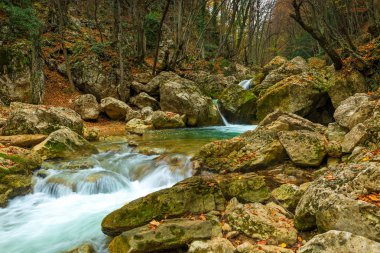 Sonbahar manzara - büyük kayalar gorge dağların nerede hızlı soğuk nehir akar