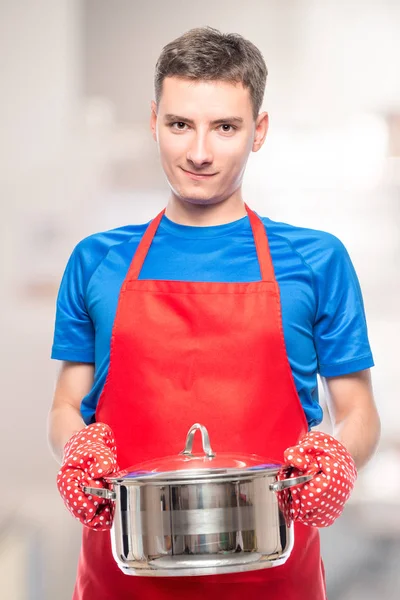 Male Cook Apron Holding Pot His Hands Portrait Kitchen — Stock Photo, Image
