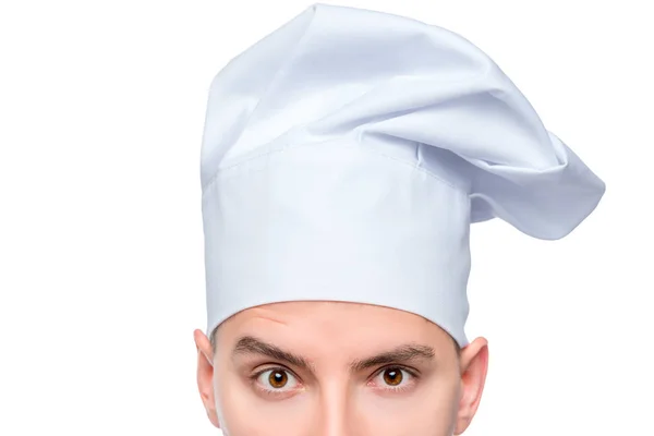 Look Cook Cap Eyes Close Portrait Isolated White Background — Stock Photo, Image