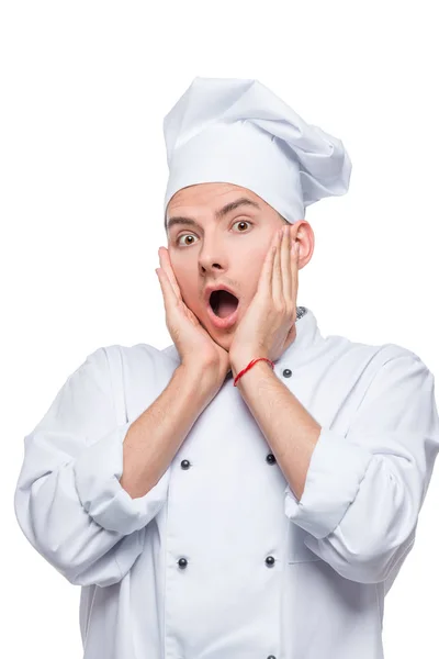 Geschokte Chef Kok Emotioneel Mannelijk Portret Witte Achtergrond — Stockfoto