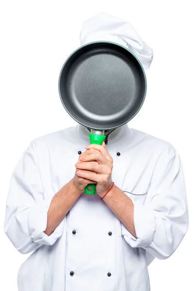 Chef Verbergt Zijn Gezicht Achter Pan Het Portret Geïsoleerd — Stockfoto