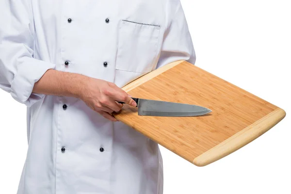 Closeup Wooden Cutting Board Sharp Knife Hands Chef — Stock Photo, Image