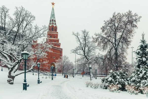 在莫斯科 俄罗斯的城市景观 在莫斯科的冬天走在克里姆林宫的城墙上 — 图库照片