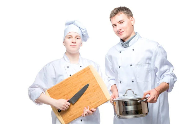 Chefs Profesionales Con Utensilios Cocina Sobre Fondo Blanco —  Fotos de Stock