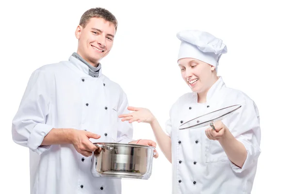 Emociones Los Chefs Retrato Con Una Sartén Sopa Sobre Fondo — Foto de Stock
