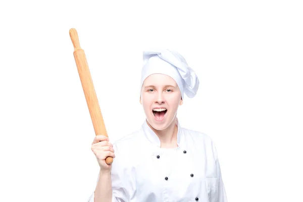 Pazzo Chef Con Mattarello Posa Sfondo Bianco Ritratto Isolato — Foto Stock
