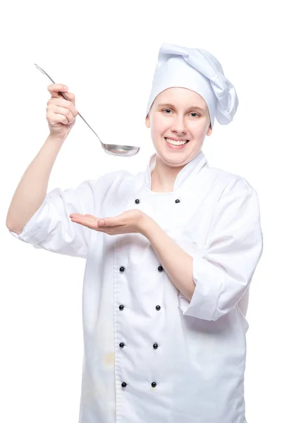 Retrato Vertical Cozinheiro Com Uma Concha Sobre Fundo Branco Estúdio — Fotografia de Stock