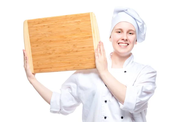 Cozinheiro Chef Com Placa Corte Madeira Posando Fundo Branco Retrato — Fotografia de Stock