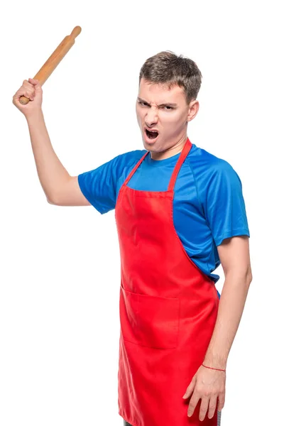 Angry Man Apron Rolling Pin Portrait Isolated White Background — Stock Photo, Image