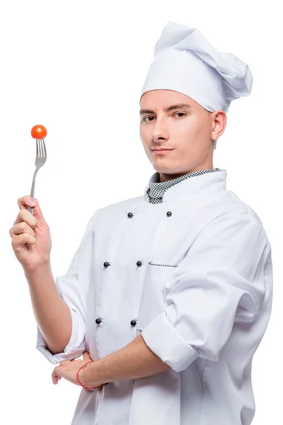 Retrato Cocinero Profesional Exitoso Con Tomate Cherry Tenedor Filmado Sobre — Foto de Stock