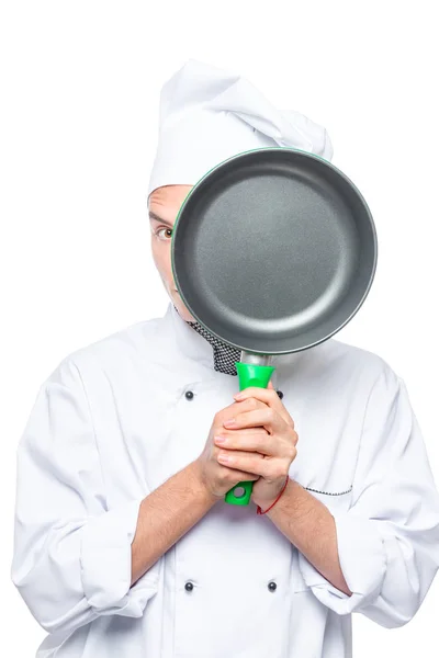 Chef Olha Para Fora Por Trás Panela Retrato Isolado — Fotografia de Stock