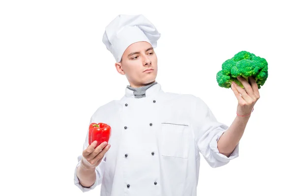 Difficult Choice Pepper Broccoli Concept Portrait Chef Vegetables White Background — Stock Photo, Image