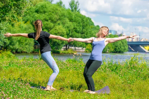 女人们在公园的草地上做瑜伽练习 — 图库照片