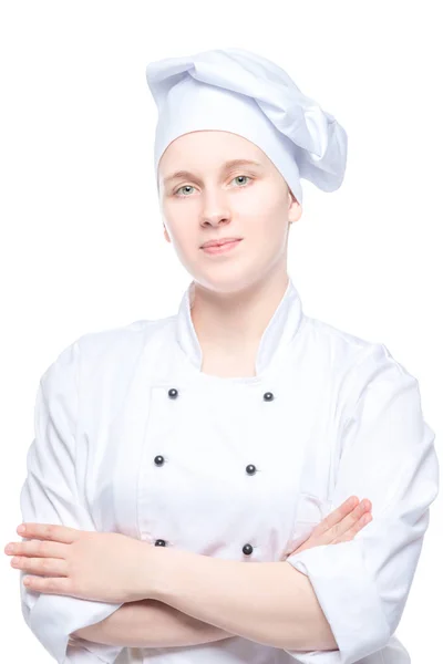 Femme confiante chef en uniforme portrait isolé sur fond blanc — Photo