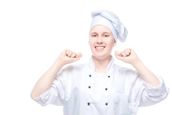 Chef de éxito en traje se regocija en la victoria, retrato emocional — Foto de Stock