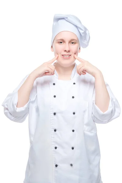 Chef fêmea atirando no fundo branco, gesticulando com as mãos — Fotografia de Stock