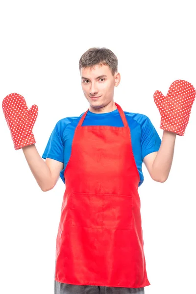 Man in apron and mittens for hot on white background is insulate — Stock Photo, Image