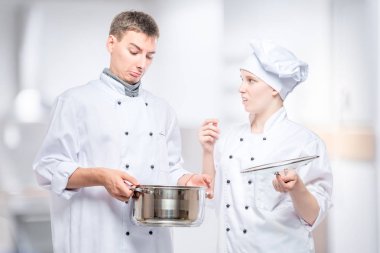 chefs emotions regarding foul soup in a pan, a portrait against  clipart