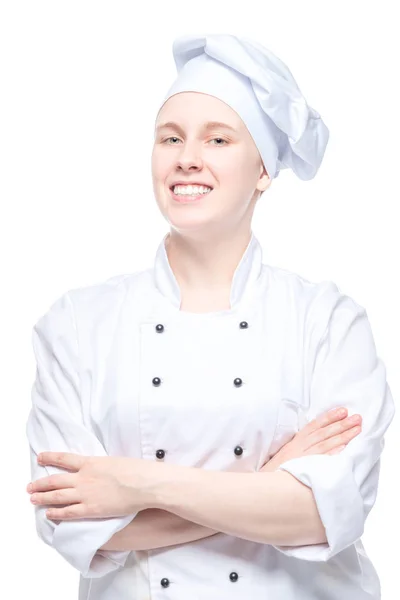 흰색 찾기에 고립 된 균일 한 초상화에 자신감 여자 요리사 — 스톡 사진