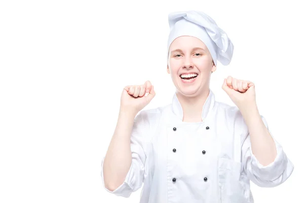 Alegre chef en traje se regocija en la victoria, retrato emocional o — Foto de Stock