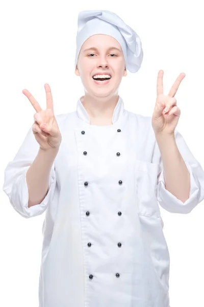 Mulher feliz chef tiro no fundo branco, gesticulando com ha — Fotografia de Stock